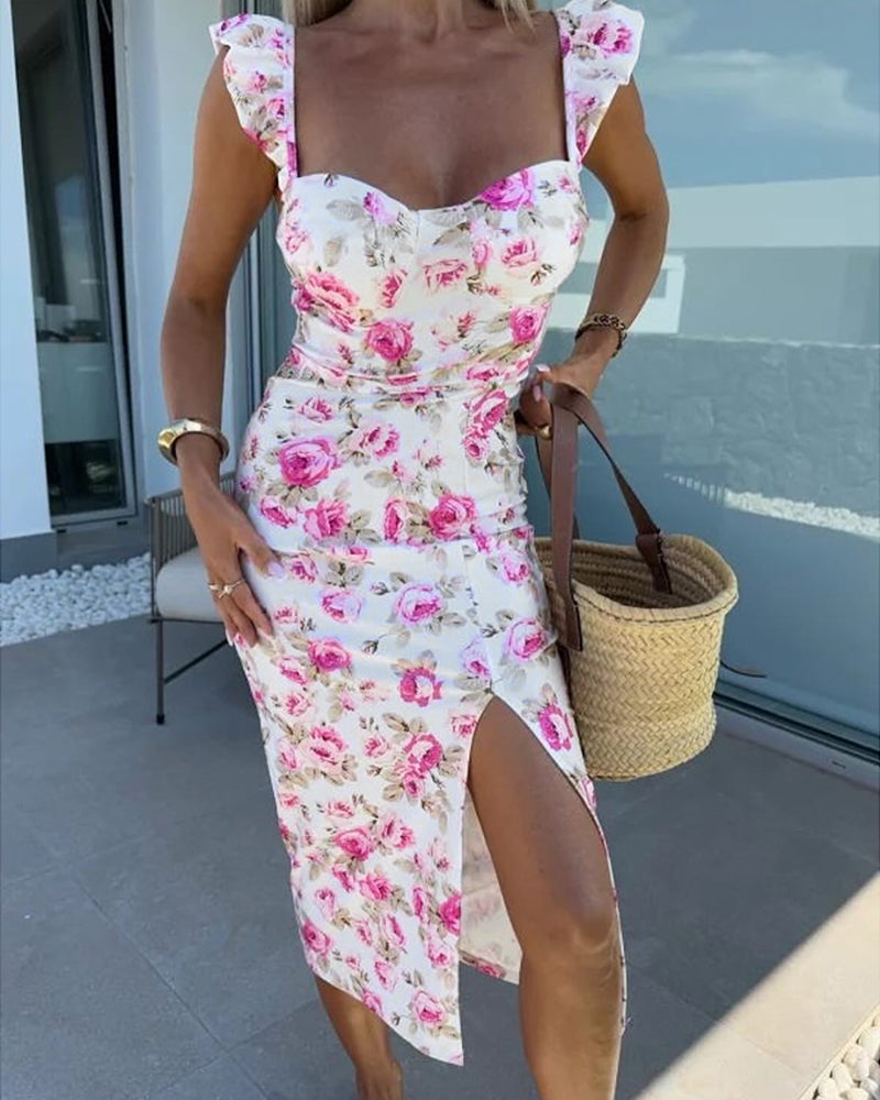 Women's Floral Midi Dress Sweetheart Neck Flutter Sleeve Side Slit Sundress Backless Vacation Dress with Built in Bra