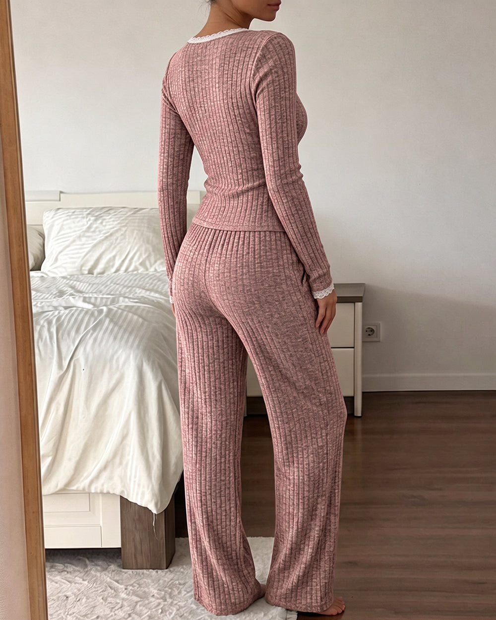 CHICME ESSENCE Women's Ribbed Pajama Set 2 Piece Lace Trim Long Sleeve Lounge Set High Waisted Pants with Pockets
