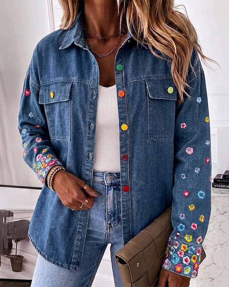 Women's Floral Embroidered Denim Jacket Colorful Button Down Jean Coat Casual Washed Shacket