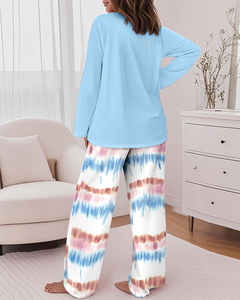2 Pieces Outfit Letter Print Long Sleeve Top and Tie Dye Print Elastic Waist Pants Set Casual Pajamas Set