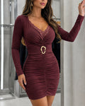 Women's Ruched Gold Ring Bodycon Dress Lace Spliced Deep V Neck Long Sleeve Mini Party Dress