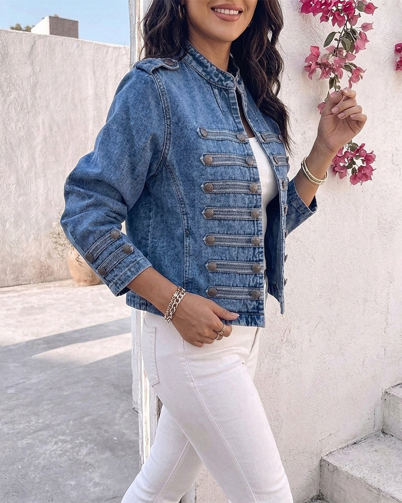 Women's Vintage Denim Jacket Stand Collar Button Decor Crop Jean Coat Washed Outwear with Pockets