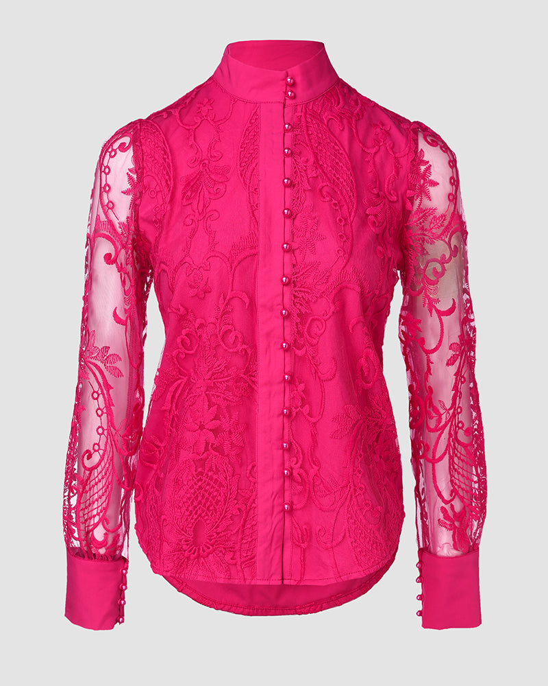 Women's Elegant Mesh Patchwork Shirt Floral Embroidery Stand Collar Pearl Button Long Sleeve Blouse