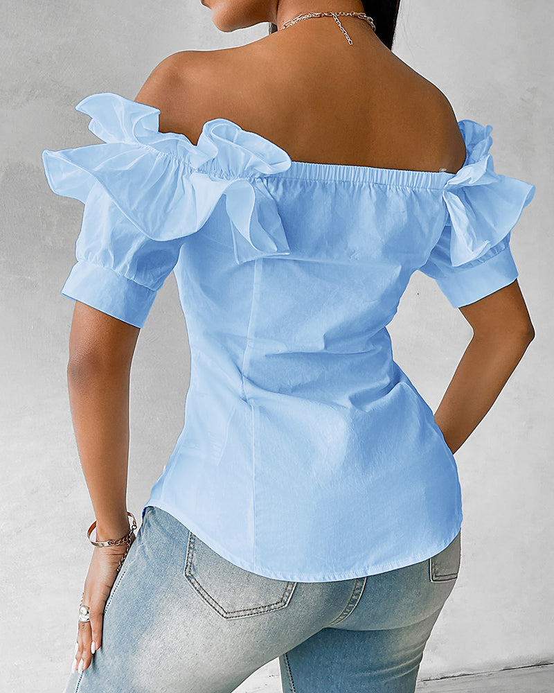 Ruffles Off Shoulder Short Sleeve Button Front Blouse Asymmetrical Hem Top