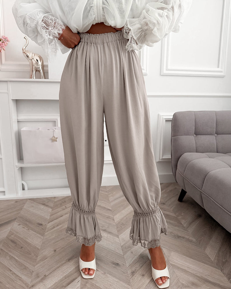 Women's Lace Patchwork Pants Elastic High Waist Hollow Out Ruffle Hem Lantern Trousers Casual Loose Lounge Pants