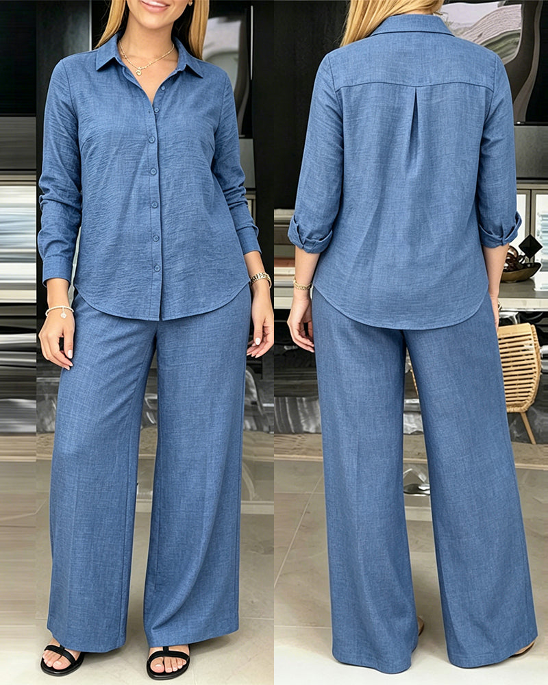 Women's 2 Piece Textured Set Button Down Shirt and Wide Leg Pants Set Casual Loose Lightweight Outfits with Pockets