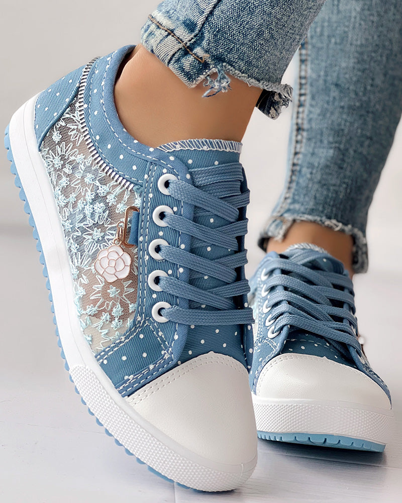 Floral Pattern Embroidery Dot Print Sneakers
