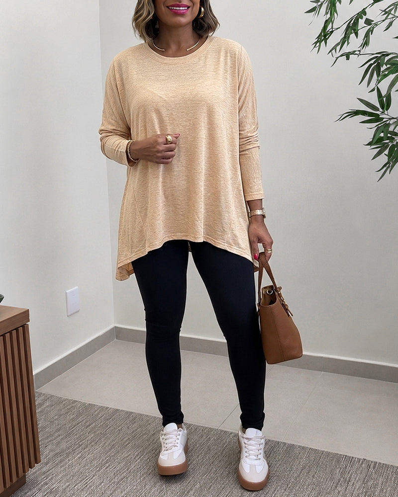 Women's Asymmetric Hem Long Sleeve Top Loose Fit Dropped Shoulder Crewneck Soft Slouchy Casual Tee