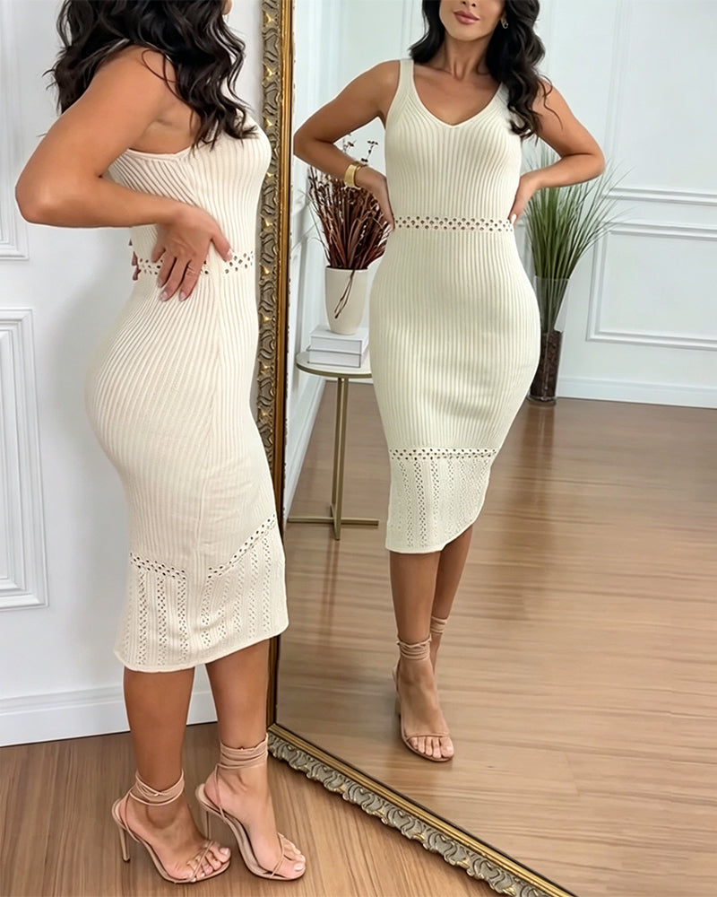 V-Neck Sleeveless Hollow-out Pattern Spliced Bodycon Dress Backless Side Slit Knit Dress