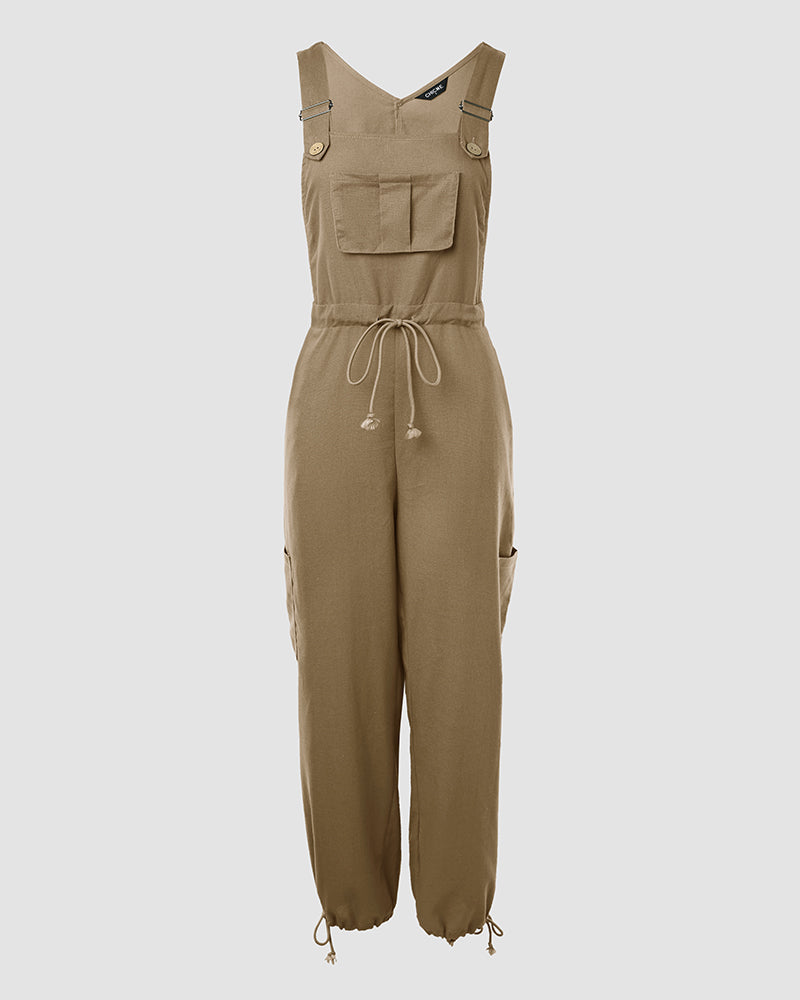 Women's Cotton Linen Jumpsuit Cargo Utility Overalls Adjustable Straps Drawstring Suspender Jumpsuit