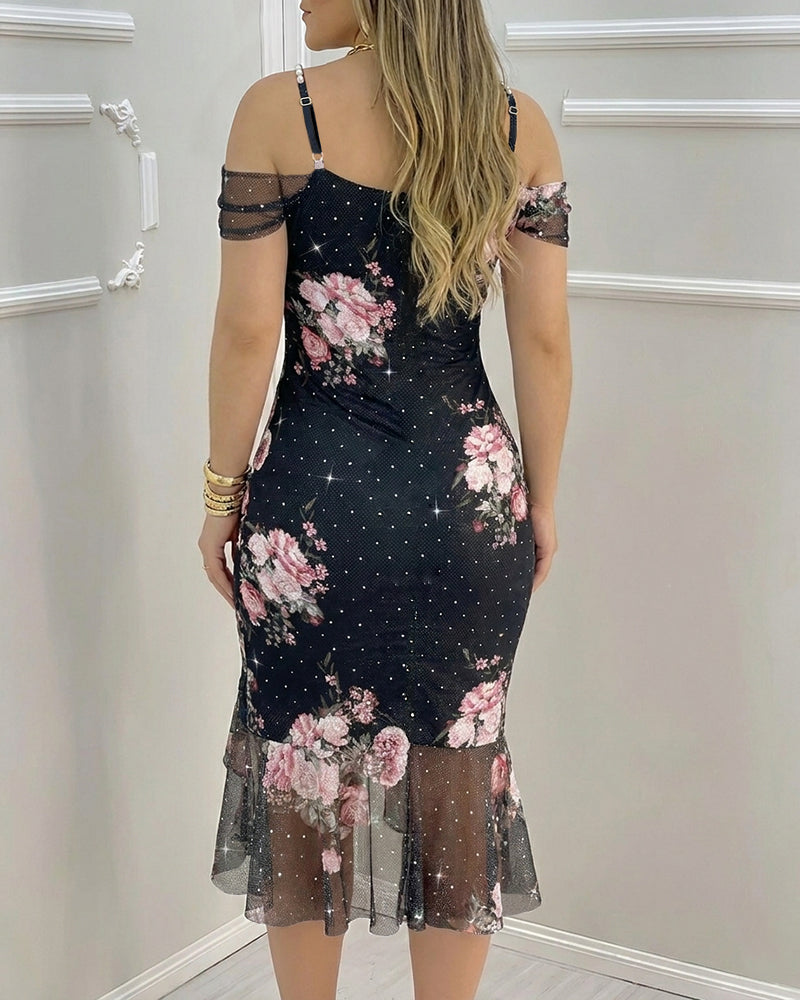 Women's Floral Mesh Slit Dress Rhinestone Pearls Decor Straps Cold Shoulder Ruffle Hem Dress Sexy Bodycon Party Dress
