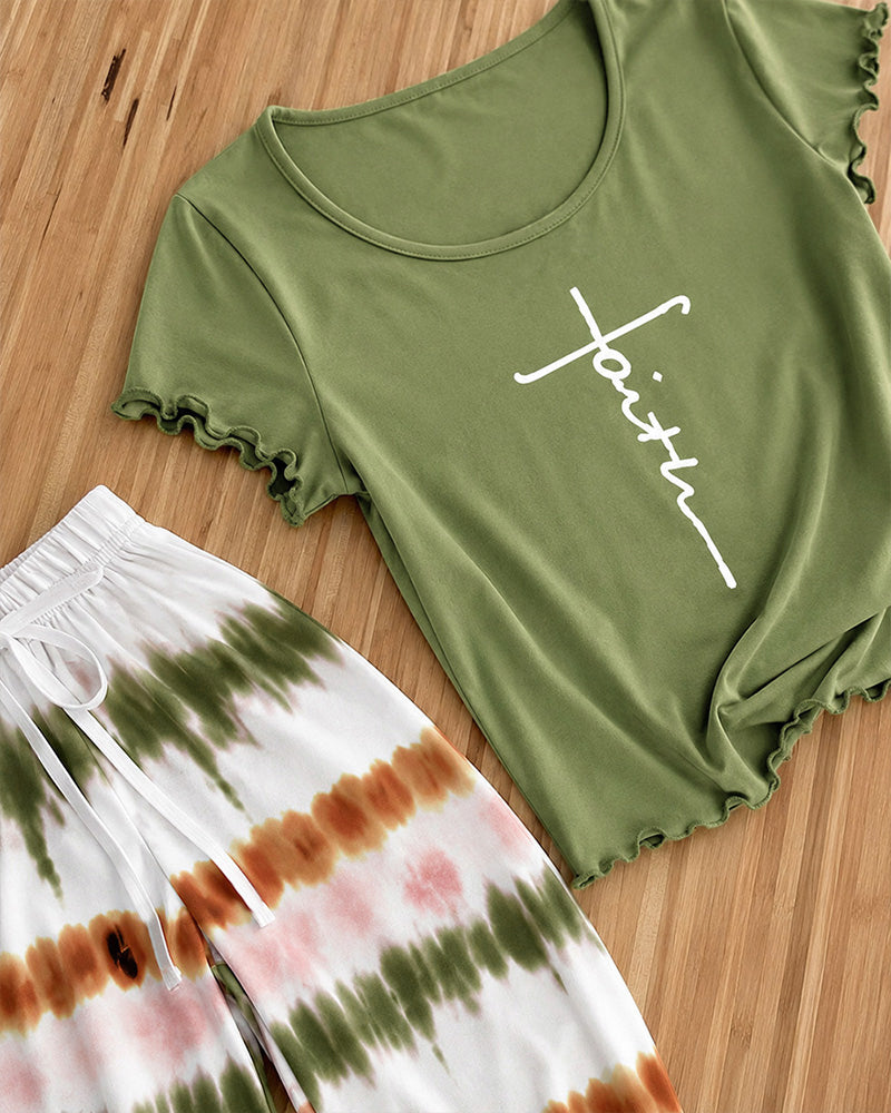 Women's Two Piece Pajama Set Faith Letter Print Short Sleeve Top and Tie Dye Straight Leg Pants Casual Lounge Set
