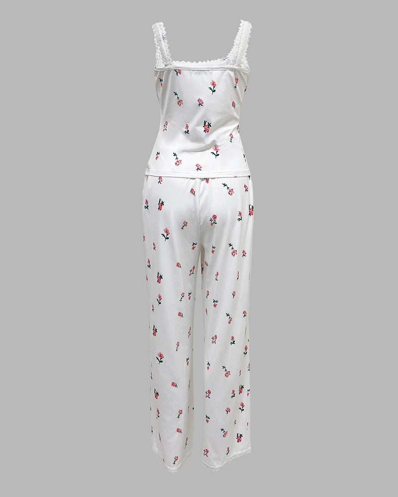 Women's Ditsy Floral Print 2 Piece Pajamas Set Lace Cami Top and Pants Casual Loungewear Bowknot Sleepwear