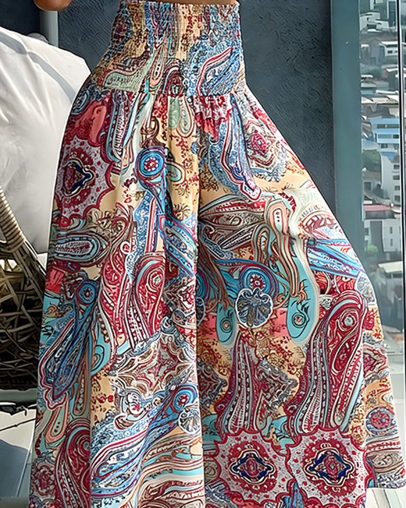 CHICME Women's Vintage Print Wide Leg Pants High Waisted Shirred Waist A-Line Trousers Flowy Boho Vacation Palazzo Pants