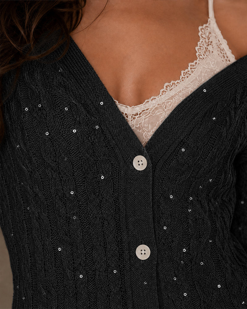 Women's Sequin Cable Knit Cardigan V Neck Button Down Slim Fit Long Sleeve Sweater