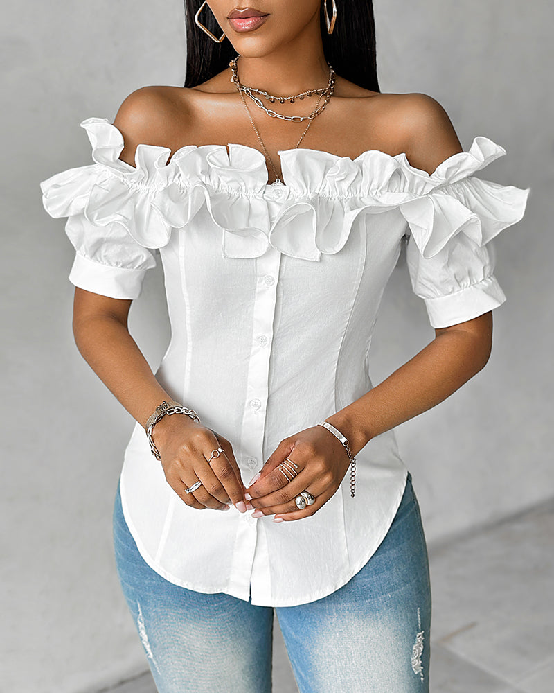 Ruffles Off Shoulder Short Sleeve Button Front Blouse Asymmetrical Hem Top