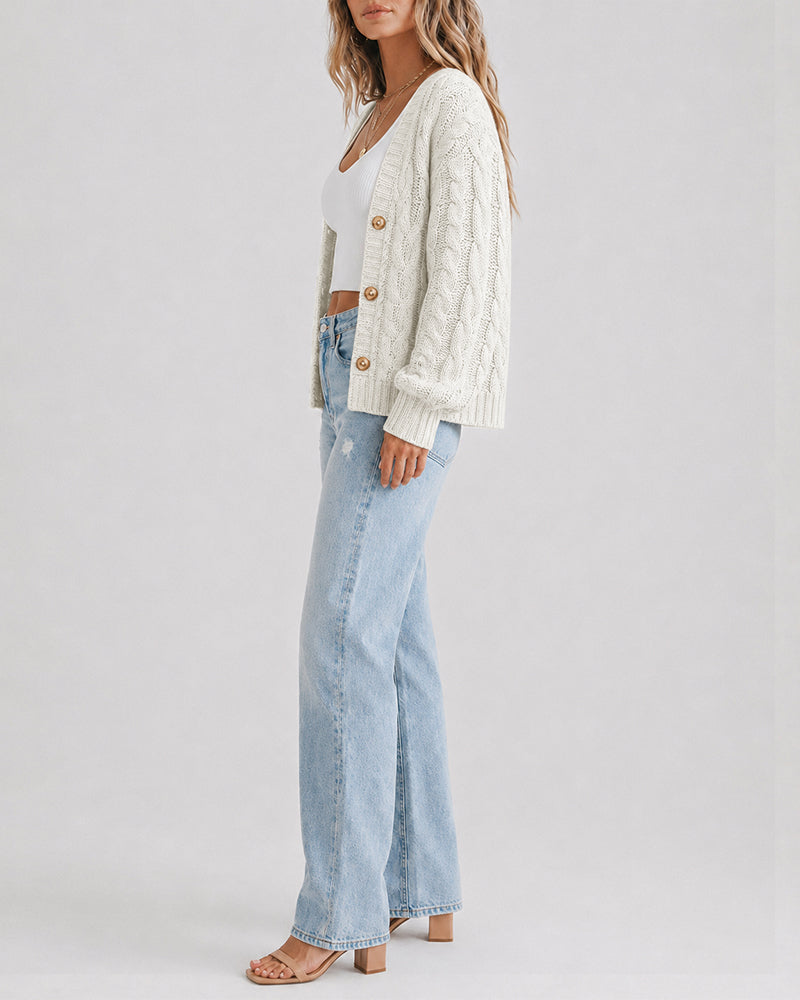 Women's Cable Knit Cardigan V Neck Button Down Chunky Knit Sweater Loose Lantern Sleeve Warm Outerwear