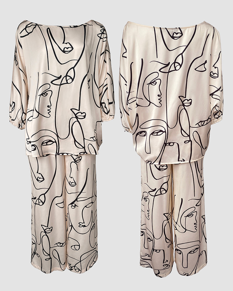 Women's Abstract Face Print Two Piece Outfits Boat Neck Batwing Sleeve Top and High Waisted Wide Leg Pants Set with Pockets