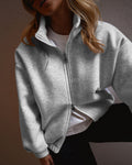 Women's Two-Way Zipper Front Stretchy Hem Coat Stand Collar Drop Shoulder Sweatshirt with Pockets