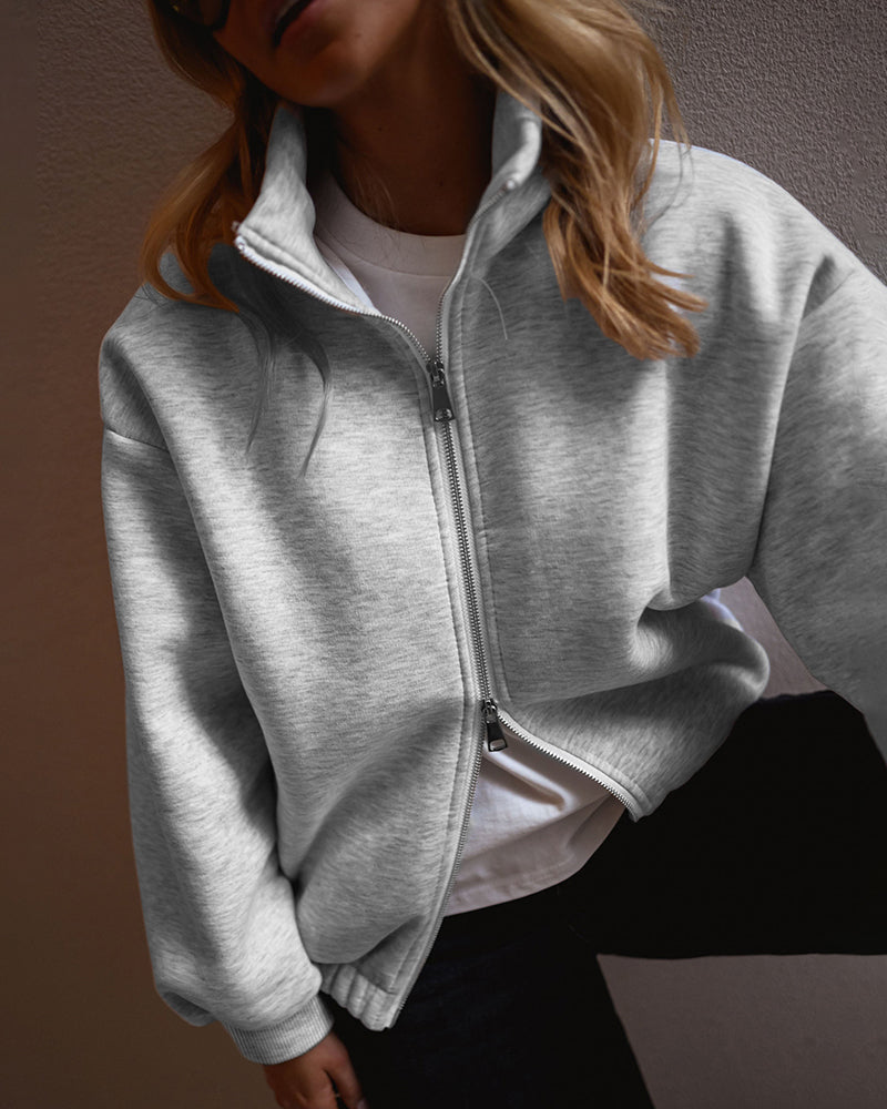 Women's Two-Way Zipper Front Stretchy Hem Coat Stand Collar Drop Shoulder Sweatshirt with Pockets