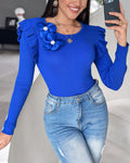 Floral Decor Ruffle Hem Pullover Knit Sweaters Long Sleeve Crewneck Tops