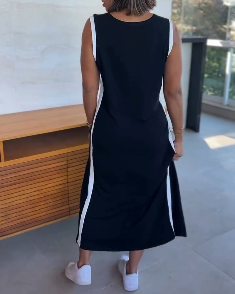 Colorblock Spliced Deep V-Neck Sleeveless Slit Front Dress Casual Loose Fit A Line Dress