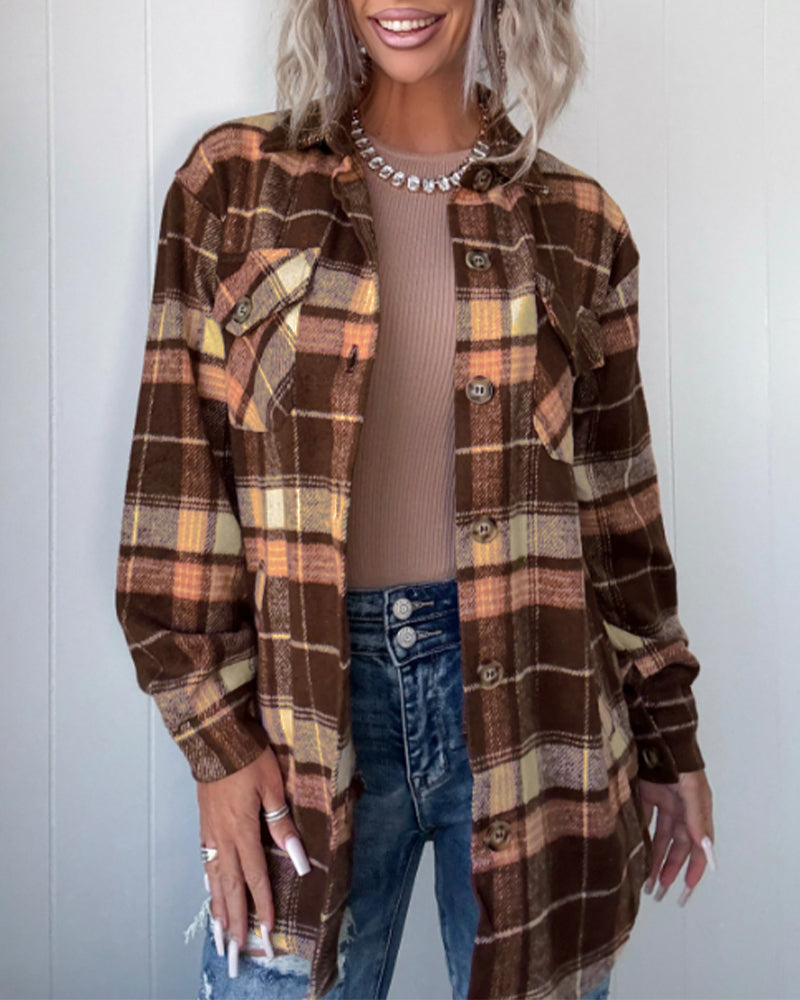 Women's Plaid Long Sleeve Button Down Brushed Shacket Casual Turn-down Collar Coat