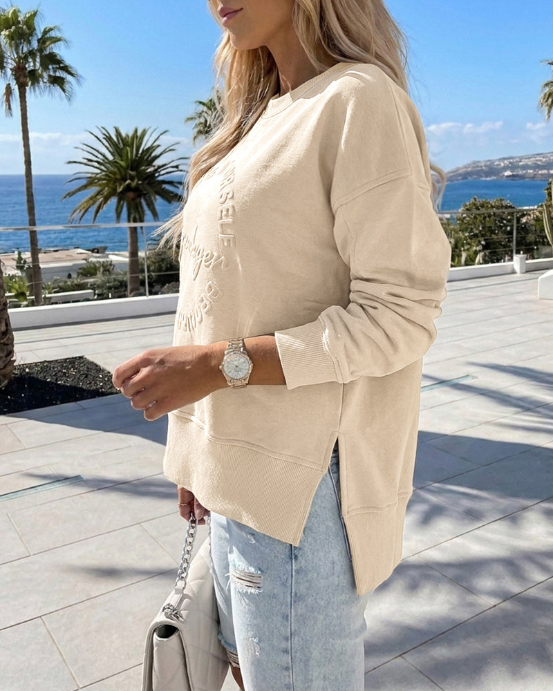 Women's Loose Crewneck Sweatshirt Embossed Letter Print Pullover Top Casual Side Slit Top