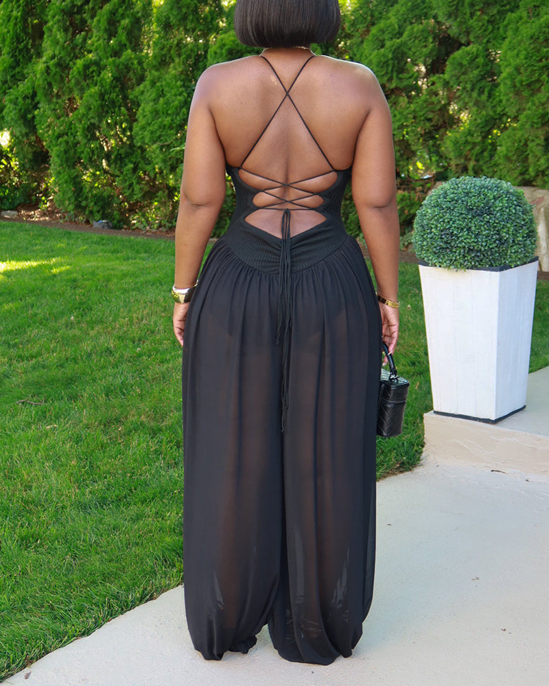 Women's V Neck Halter Backless Lace Up Lantern Jumpsuit Sexy Sheer Ruched Overalls