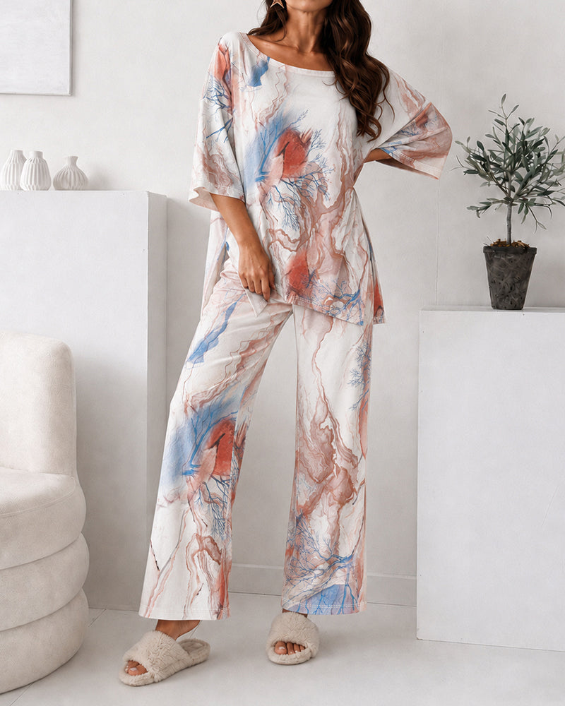 Women's 2 Piece Marble Print Pajama Set Half Sleeve Side Slit Top and Straight Leg Pants Casual Loungewear