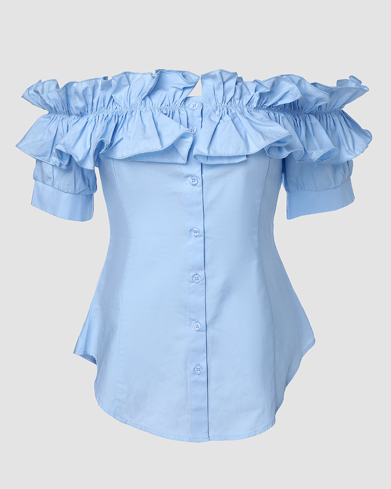 Ruffles Off Shoulder Short Sleeve Button Front Blouse Asymmetrical Hem Top