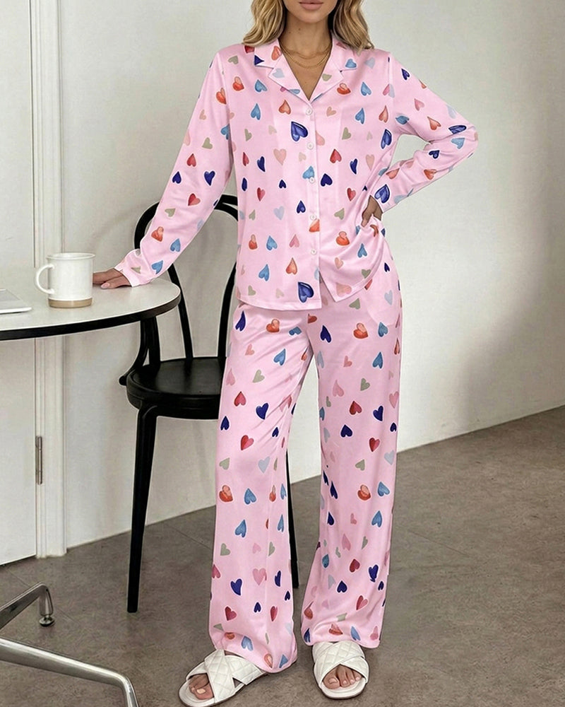 CHICME ESSENCE Women's Colorful Heart Print 2 Piece Pajama Set Long Sleeve Button Down Top and High Waisted Pants Casual Lounge Sets