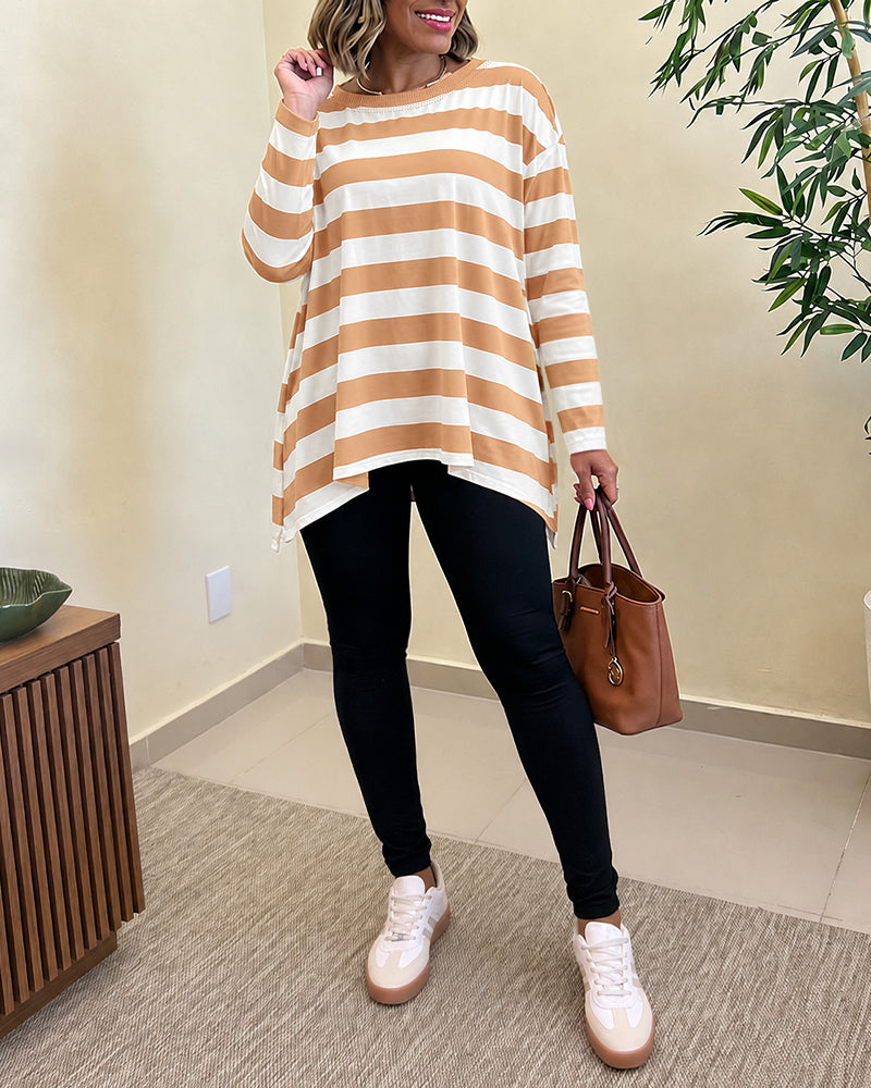 Women's Striped T Shirt Long Sleeve Drop Shoulder Crewneck Tee Side Slit Casual Loose Fit Top