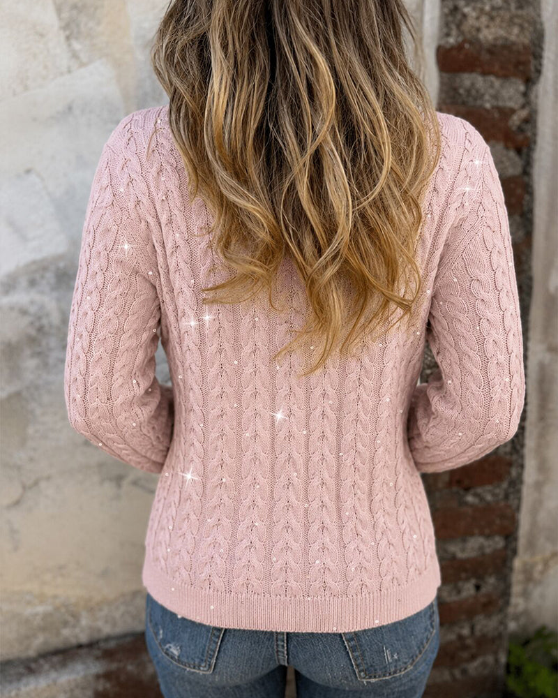Women's Sequin Cable Knit Cardigan V Neck Button Down Slim Fit Long Sleeve Sweater