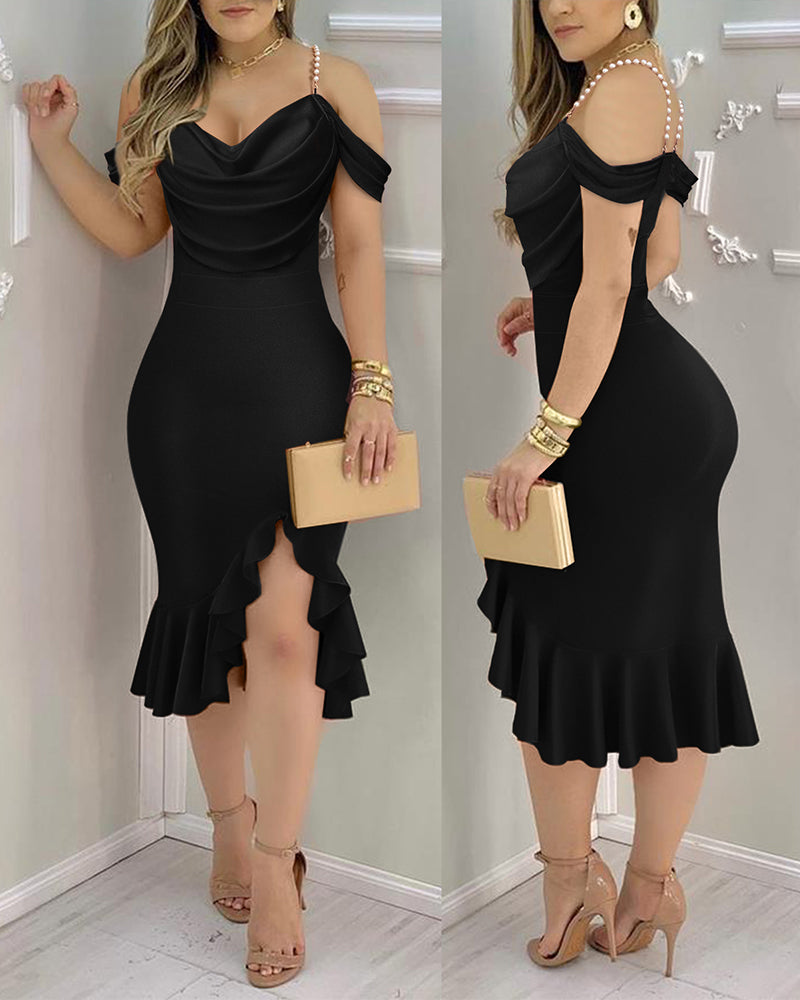 Women's Cold Shoulder Adjustable Pearls Straps Bodycon Dress Cowl Neck Asymmetrical Ruffle Hem Party Dress