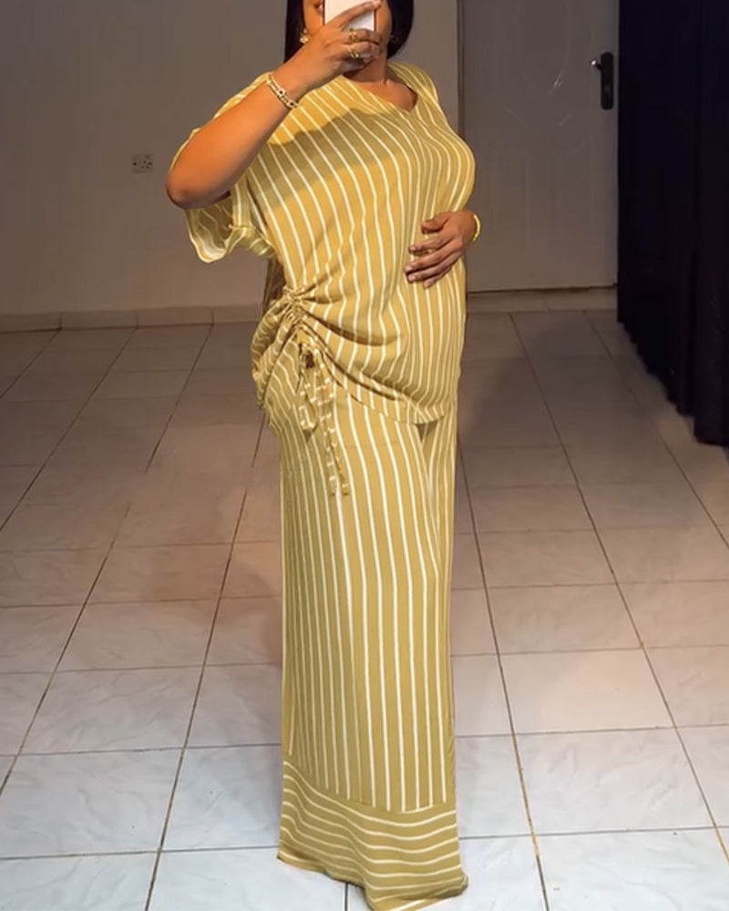 Women's Striped 2 Piece Outfits V Neck Short Sleeve Drawstring Top and Wide Leg Pants Set with Pockets