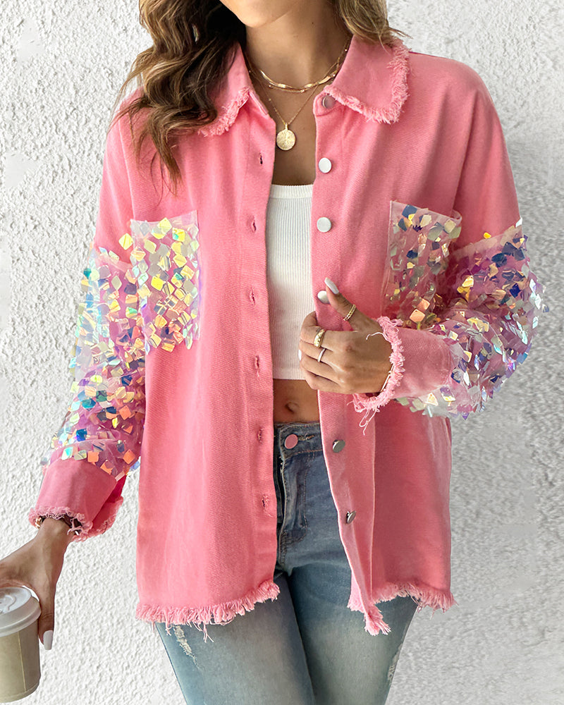 Contrast Sequin Long Sleeve Jacket Top Button Front Raw Hem Loose Fit Shacket