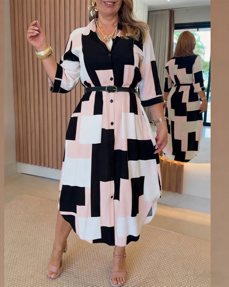 Women's Colorblock Geometric Shirt Dress Casual Three-Quarter Sleeves Asymmetrical Hem Commuting Dress with Belt