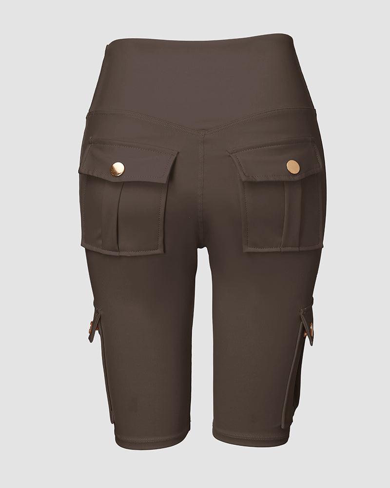 Tummy Control Butt Lifting Active Shorts High Waist Flap Pocket Workout Bermuda Cargo Running Shorts
