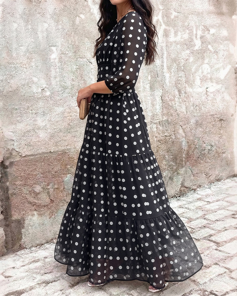 Women's Polka Dot Maxi Dress V Neck Lantern Sleeve Ruffle Hem Dress High Waist Button Up Chiffon Long Party Dress