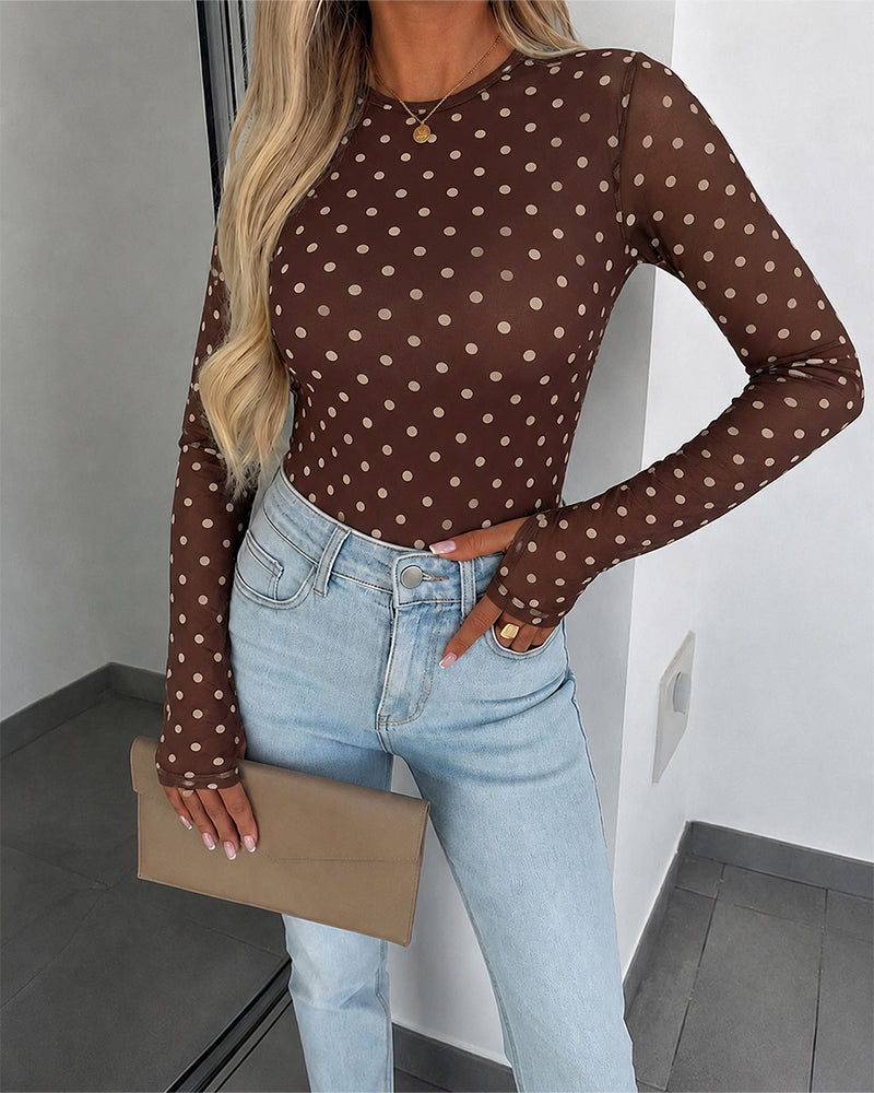 Women's Mesh Polka Dot Top Lined Sheer Long Sleeve Tee Crewneck Slim Fit Layering Under Base Top with Thumbholes