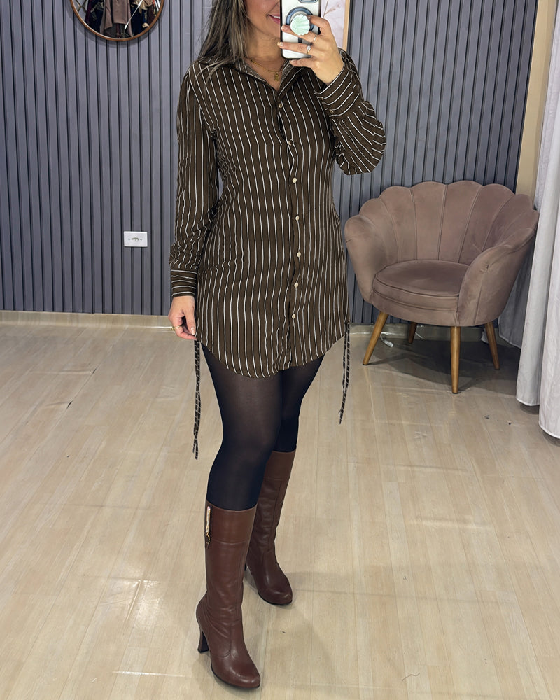 Women's Striped Shirred Back Shirt Dress Ruched Side Drawstring Long Sleeve Button Down Mini Dress