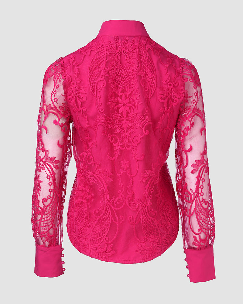 Women's Elegant Mesh Patchwork Shirt Floral Embroidery Stand Collar Pearl Button Long Sleeve Blouse
