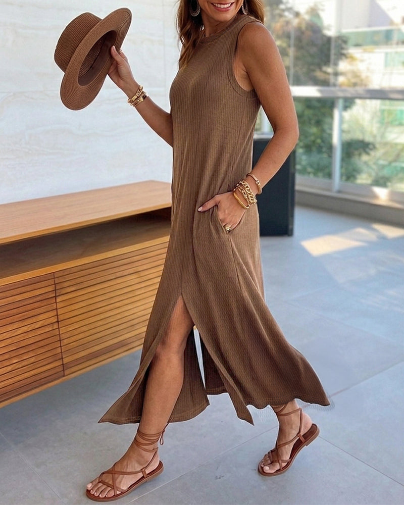 Women's Sleeveless Ribbed Knit Maxi Dress Loose A-Line Slit Tank Dress Casual Lounge Long Dress with Pockets