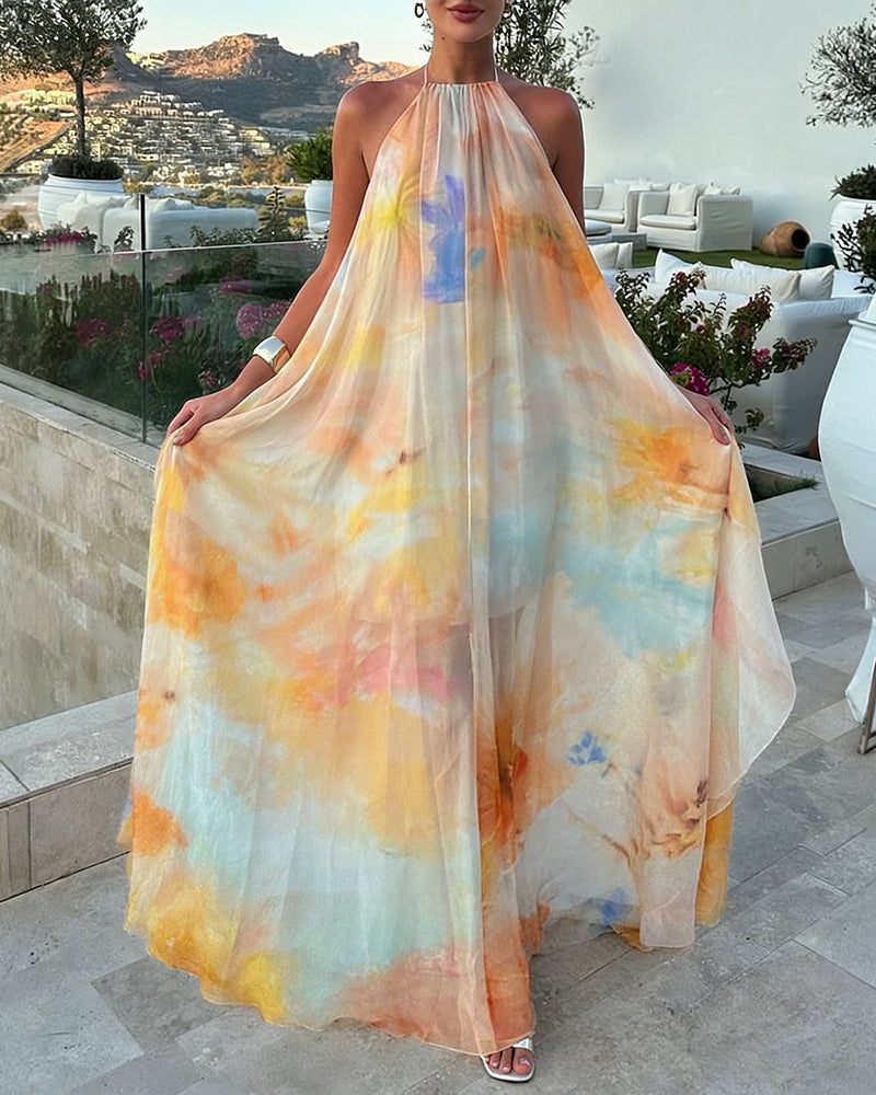 CHICME Women's Tie Dye Print Chiffon Maxi Dress Halter Neck Backless Tied Flowy A-Line Long Dress for Vacation