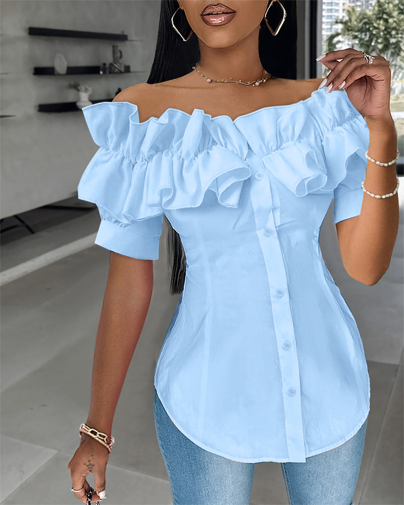 Ruffles Off Shoulder Short Sleeve Button Front Blouse Asymmetrical Hem Top