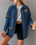 Women's Rhinestone Denim Shacket Vintage Badge Embroidered Button Down Long Sleeve Washed Jean Jacket