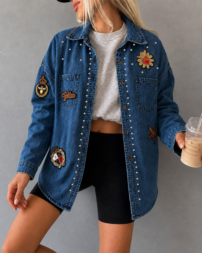 Women's Rhinestone Denim Shacket Vintage Badge Embroidered Button Down Long Sleeve Washed Jean Jacket
