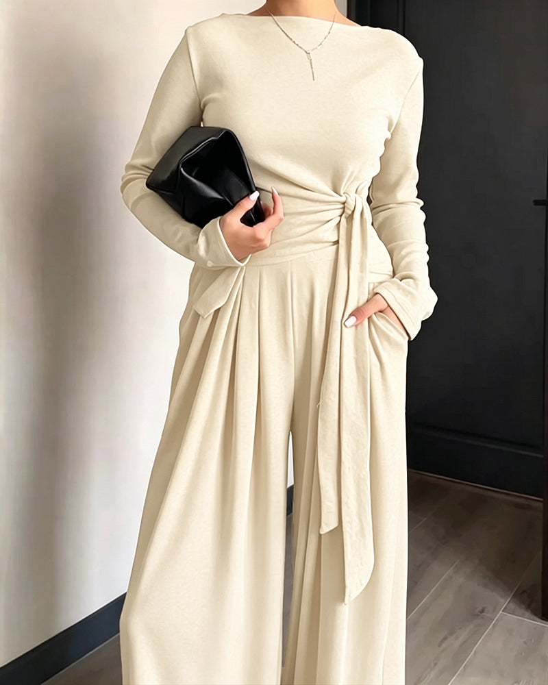 CHICME ESSENCE Women's 2 Piece Knit Lounge Set Long Sleeve Tie Waist Top and High Waisted Wide Leg Pants Casual Soft Sweatsuit with Pockets