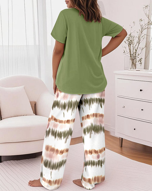 2 Pieces Outfit Letter Print Round Neck Short Sleeve Top And Tie Dye Print Elastic Waist Loose Fit Pants Set Casual Pajamas Set
